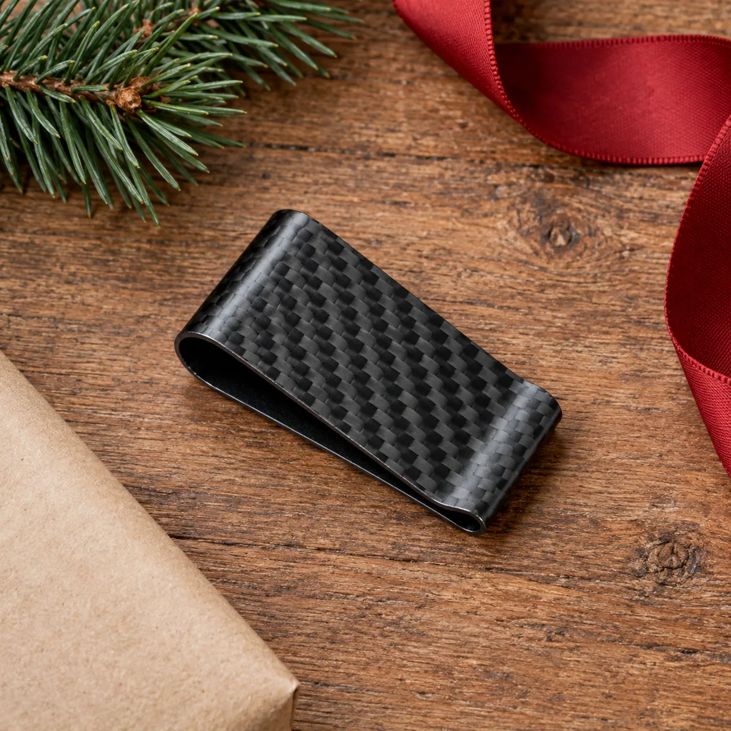 Representative photo-style image of carbon fiber money clip — generated, not a specific product