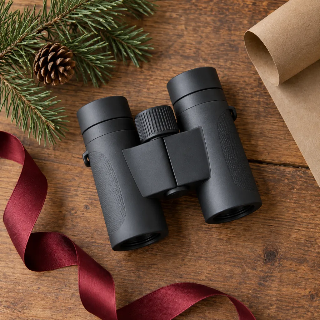 Representative photo-style image of lightweight compact travel binoculars — generated, not a specific product