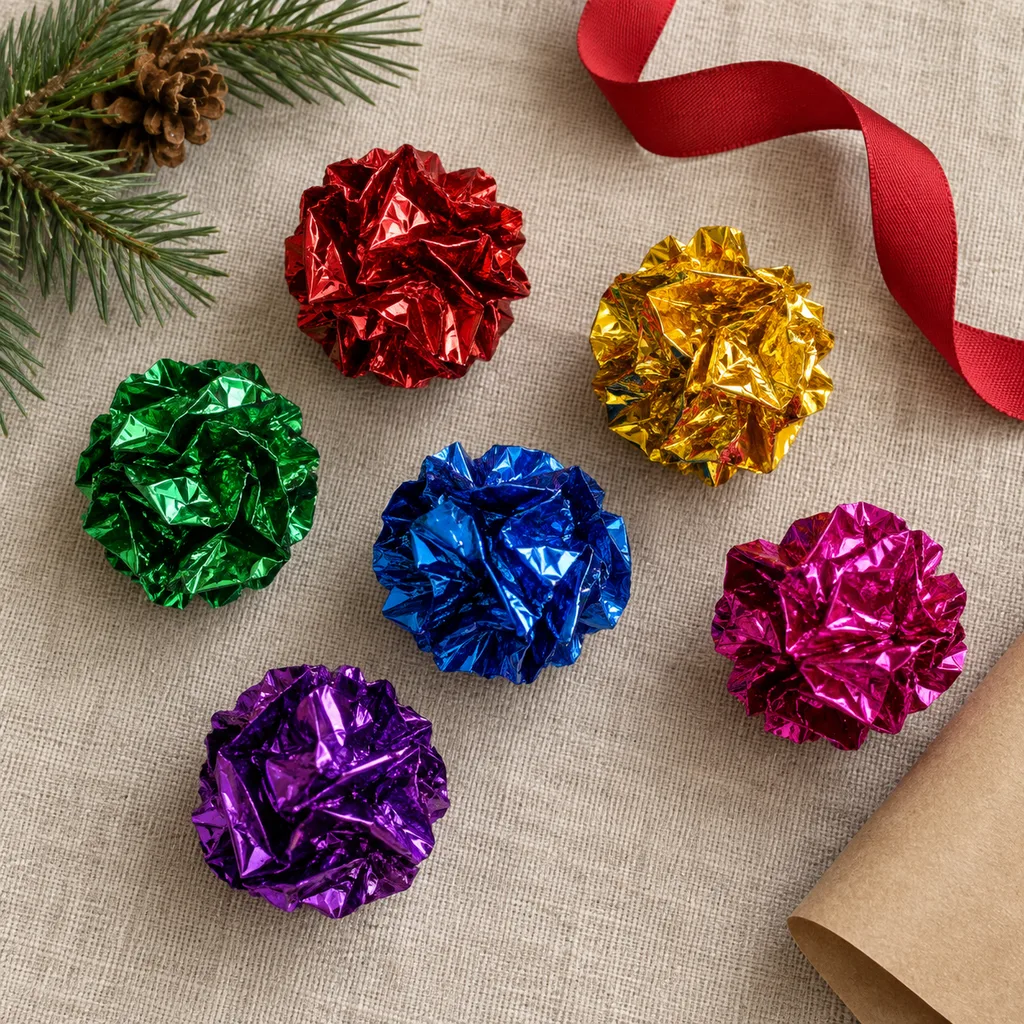 Representative photo-style image of lightweight crinkle ball cat toy set — generated, not a specific product