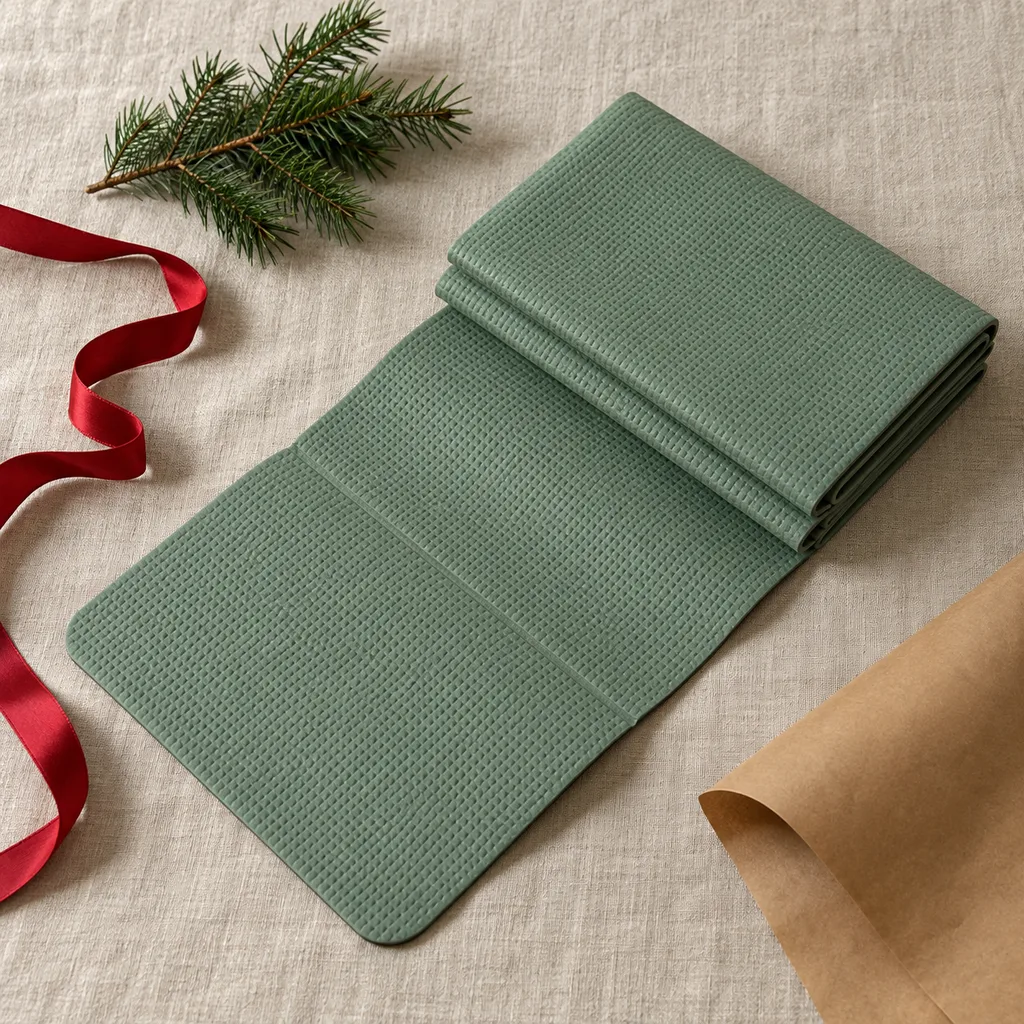 Representative photo-style image of lightweight foldable travel yoga mat — generated, not a specific product