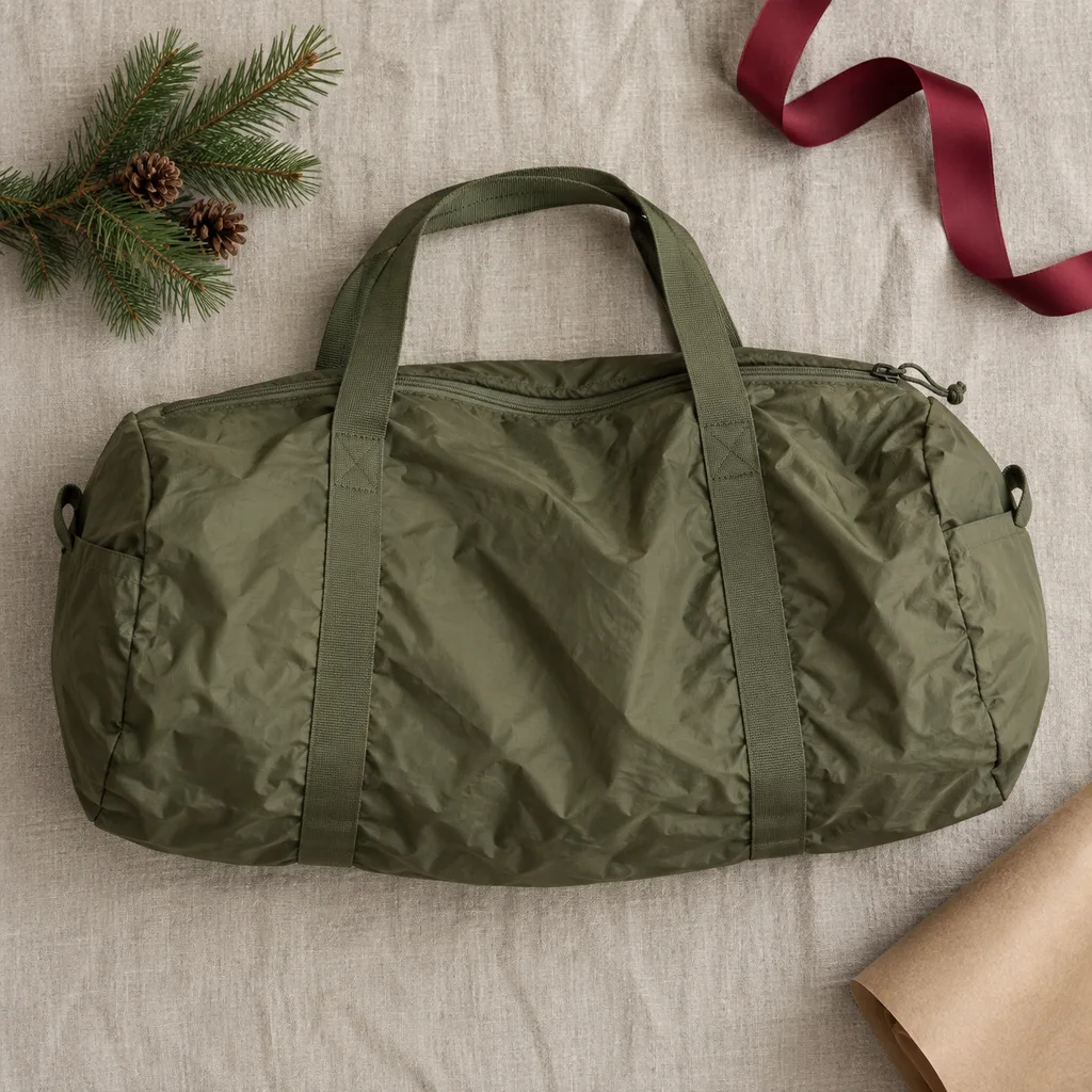Representative photo-style image of lightweight packable foldable duffel — generated, not a specific product