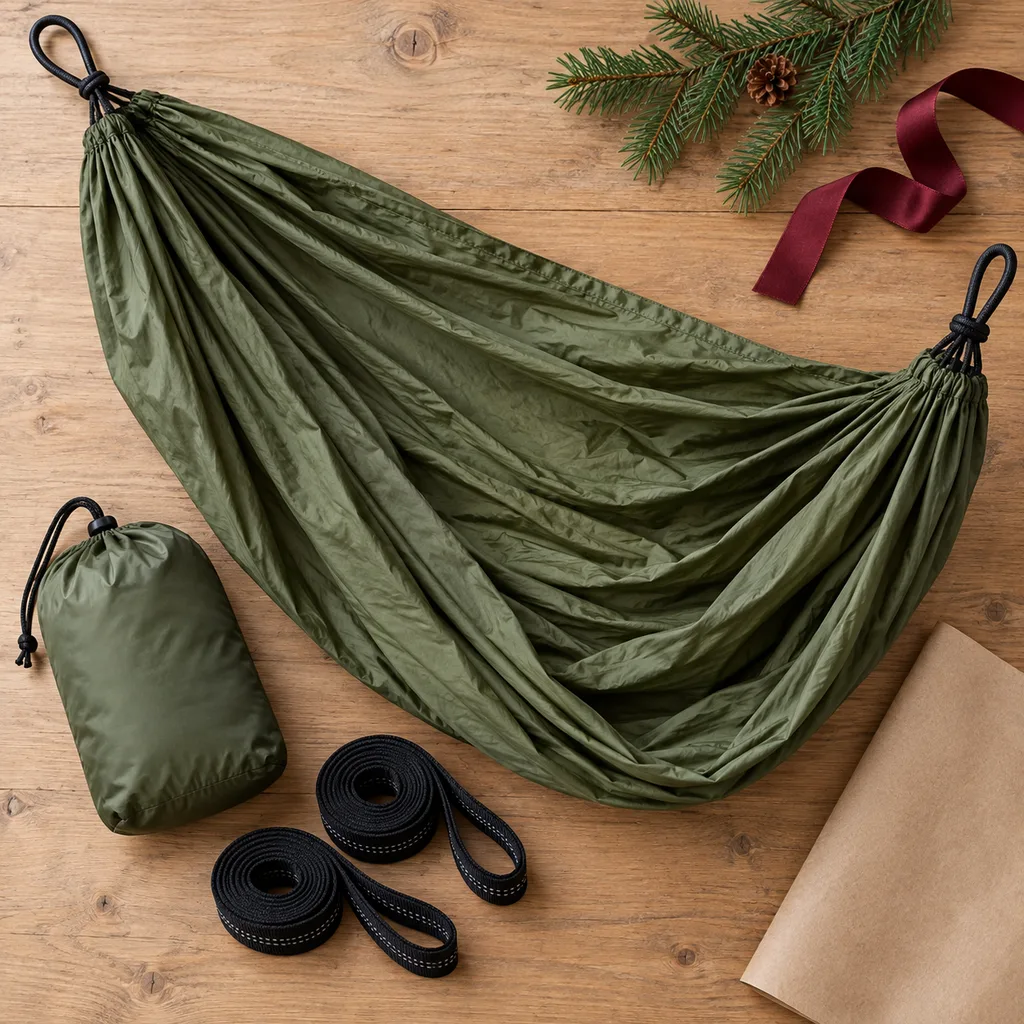 Representative photo-style image of lightweight portable camping hammock — generated, not a specific product