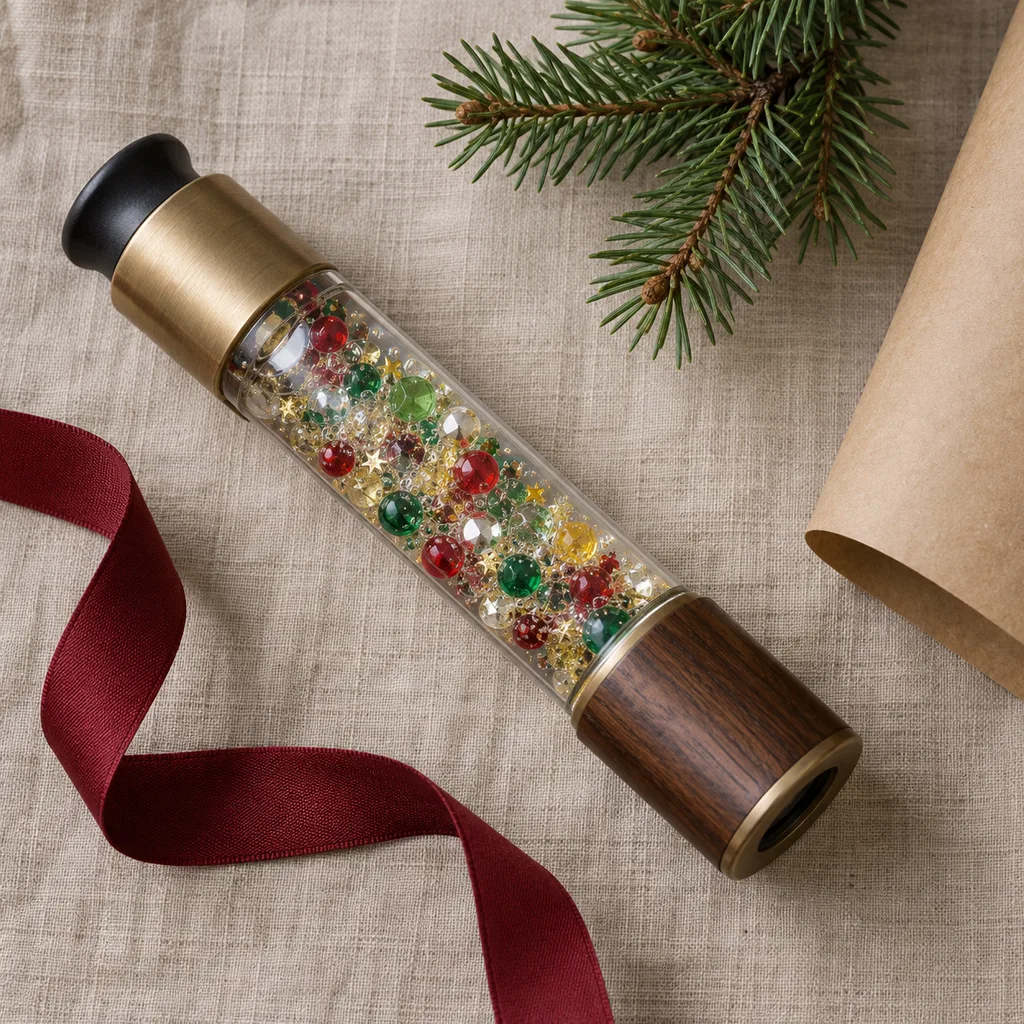 Representative photo-style image of liquid-filled sensory kaleidoscope — generated, not a specific product
