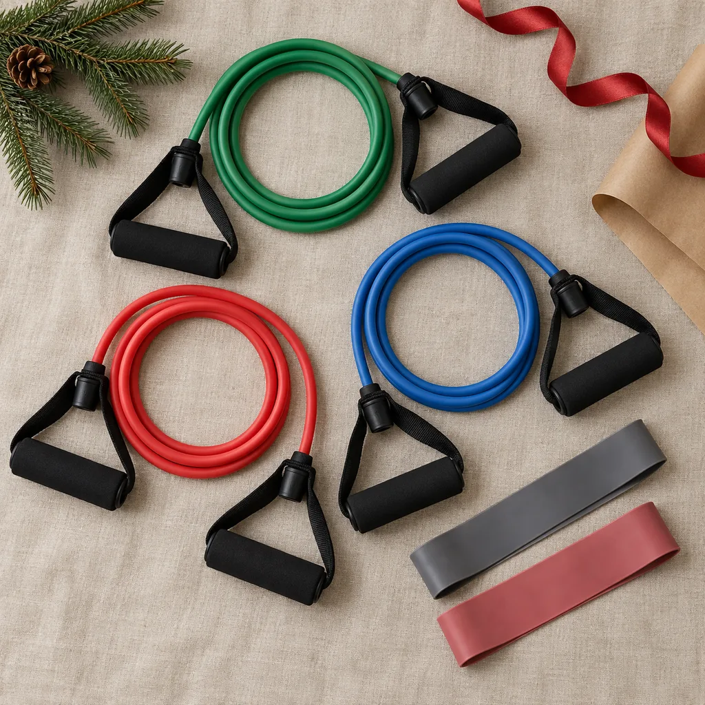 Representative photo-style image of long tube resistance bands with handles — generated, not a specific product