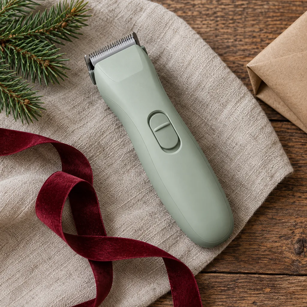 Representative photo-style image of low-noise pet hair trimmer — generated, not a specific product