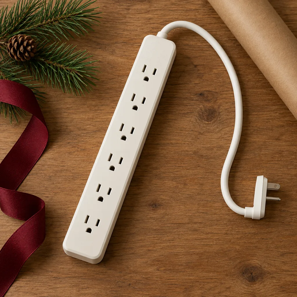 Representative photo-style image of low profile flat plug power strip — generated, not a specific product
