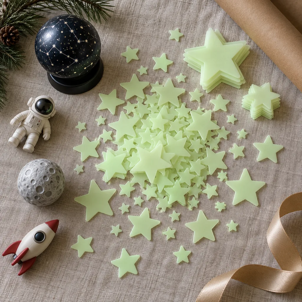Representative photo-style image of luminous glow-in-the-dark star stickers — generated, not a specific product