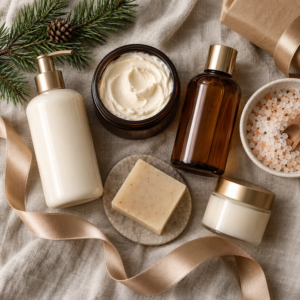 Representative photo-style image of luxurious bath and body indulgence set — generated, not a specific product