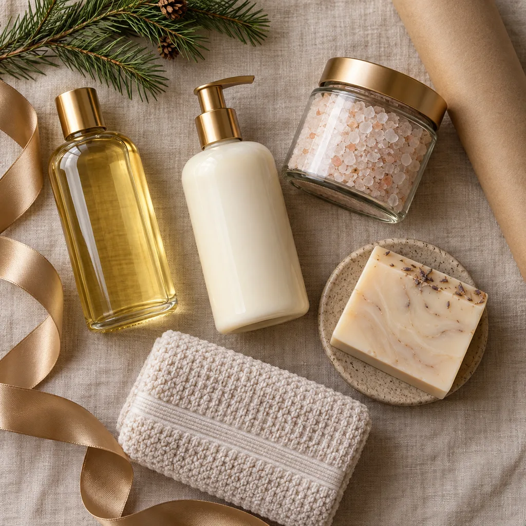 Representative photo-style image of luxurious bath and body relaxation set — generated, not a specific product