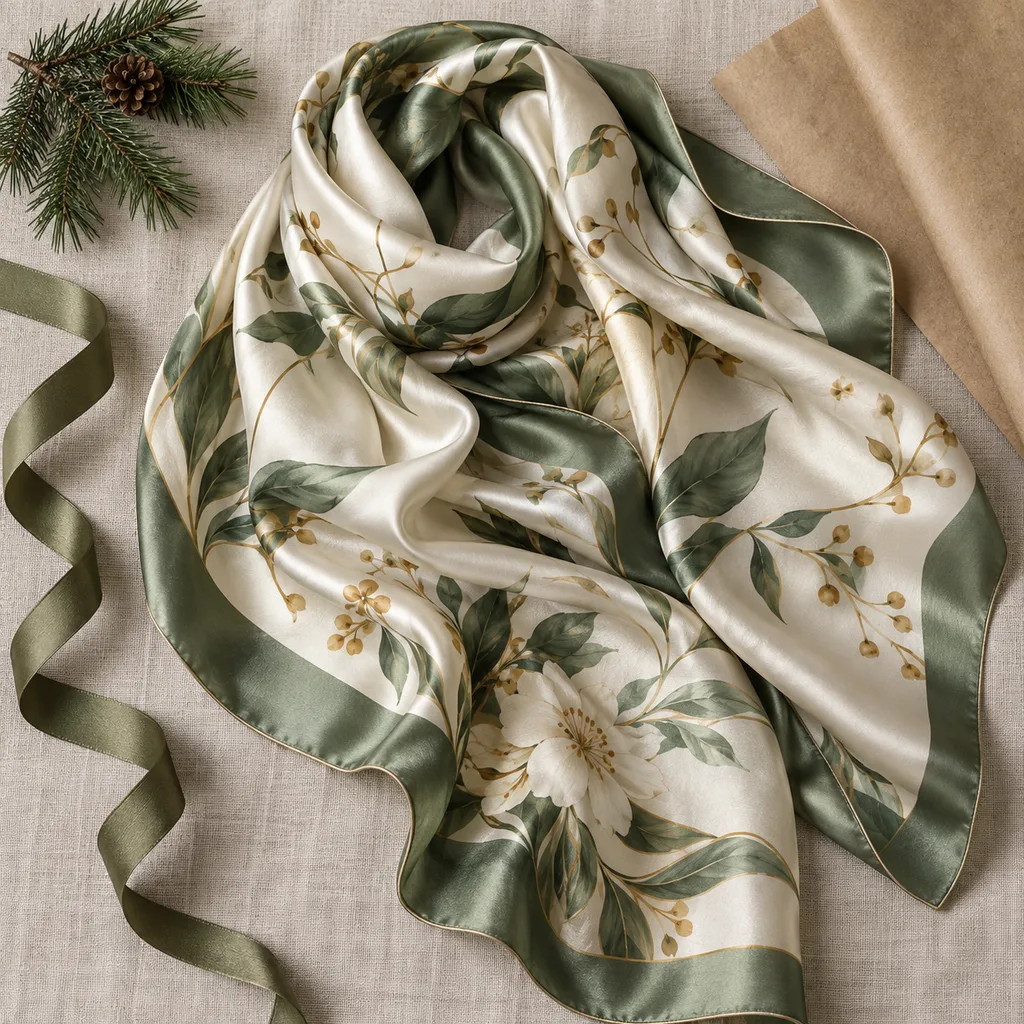 Representative photo-style image of luxurious pure silk scarf — generated, not a specific product