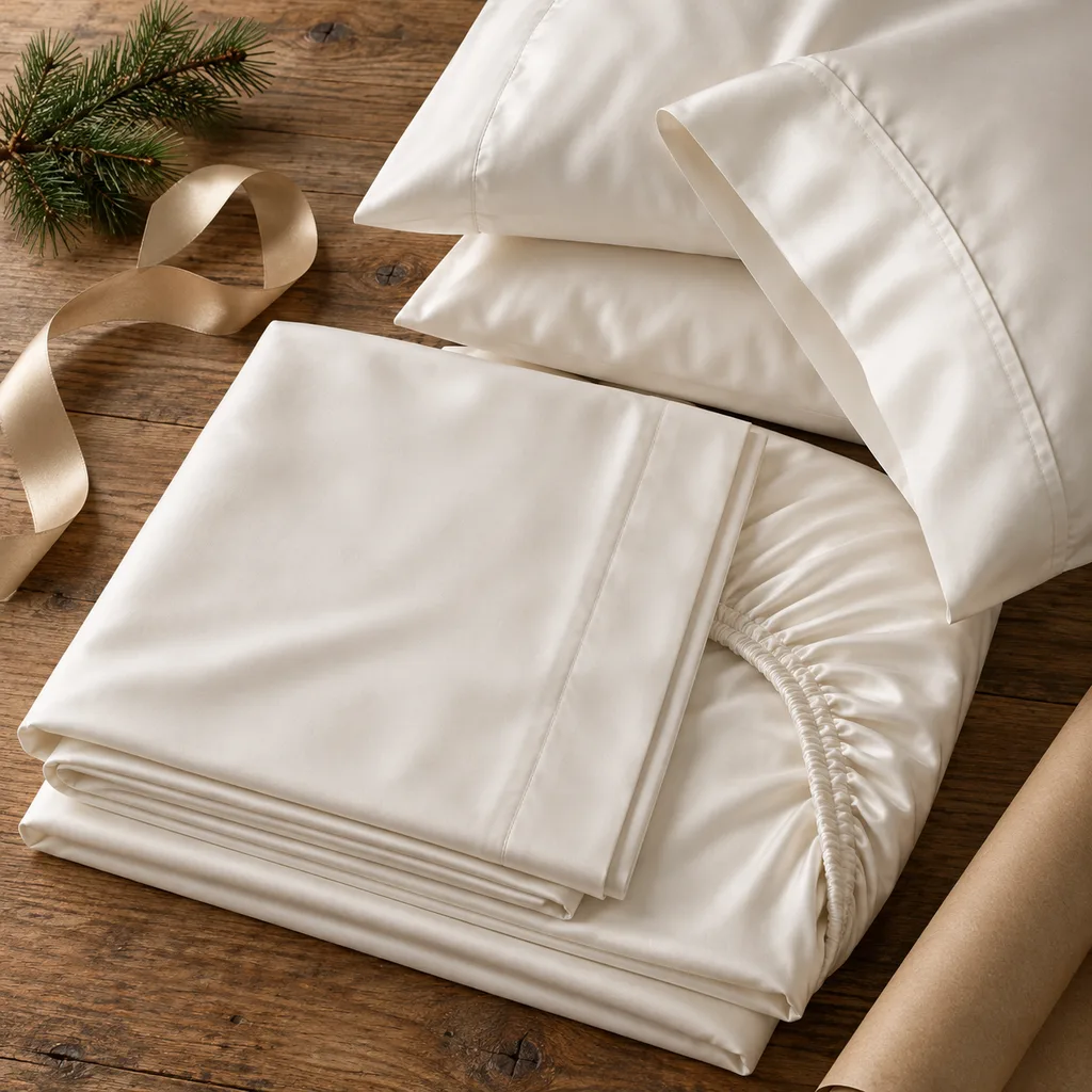 Representative photo-style image of luxurious sateen weave bed sheet set — generated, not a specific product