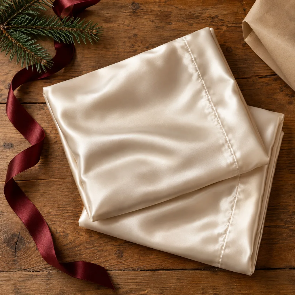 Representative photo-style image of luxurious silk pillowcase set — generated, not a specific product