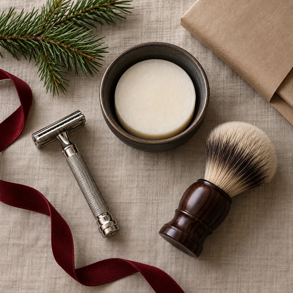 Representative photo-style image of luxury shaving kit — generated, not a specific product