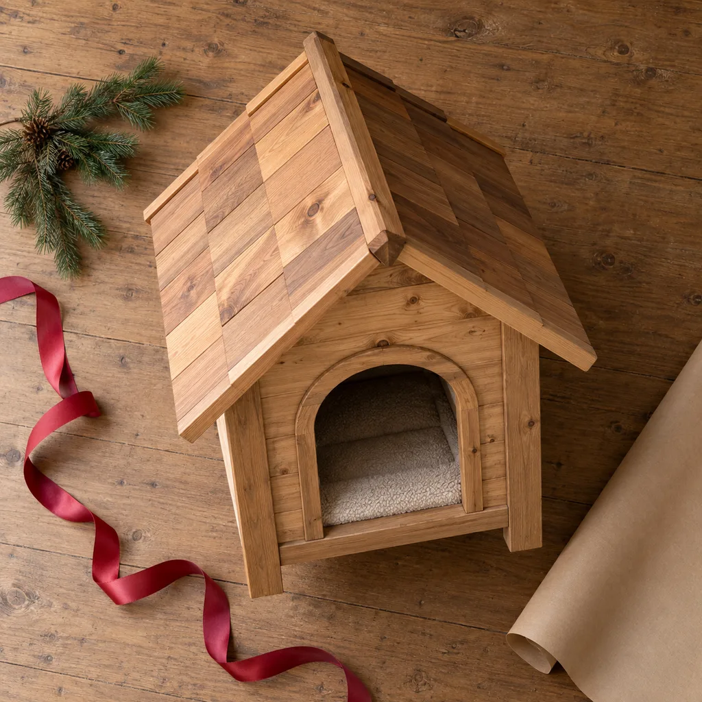 Representative photo-style image of luxury wooden dog house — generated, not a specific product