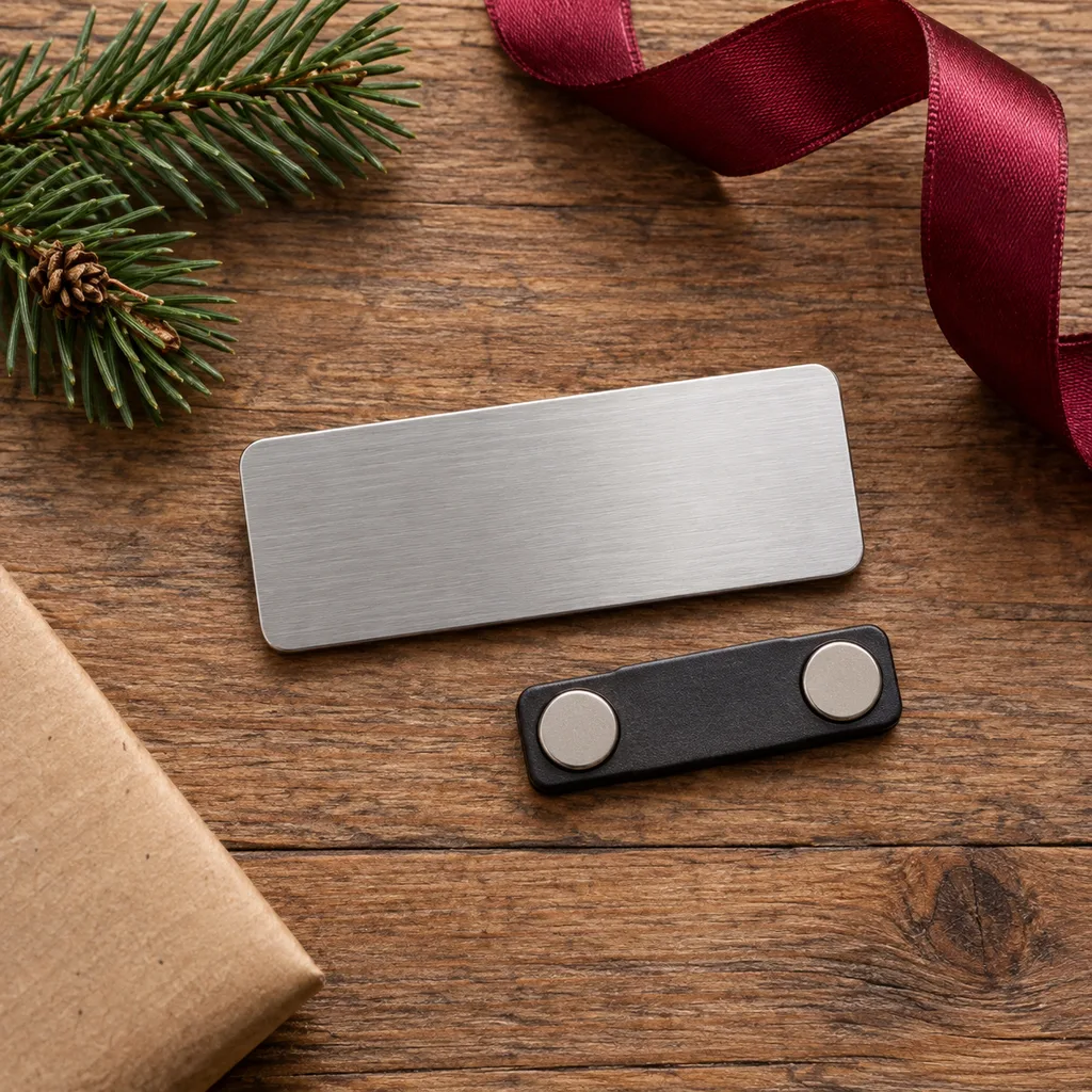 Representative photo-style image of magnetic name plate — generated, not a specific product