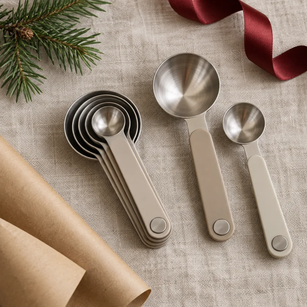 Representative photo-style image of magnetic nesting measuring spoons — generated, not a specific product
