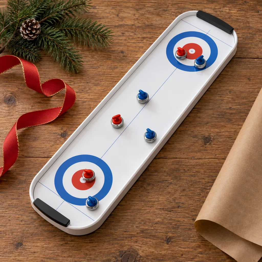 Representative photo-style image of magnetic tabletop curling game — generated, not a specific product