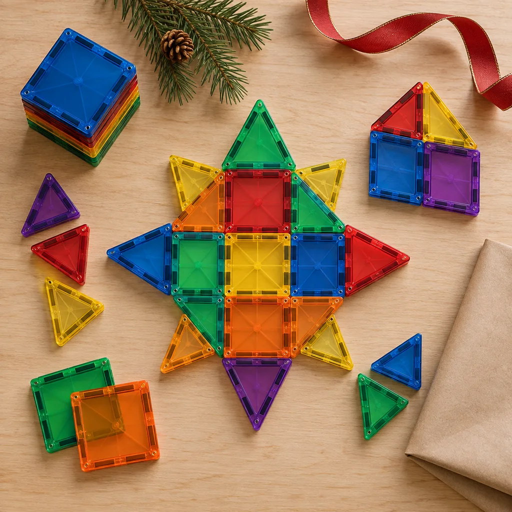 Representative photo-style image of magnetic tile construction set — generated, not a specific product