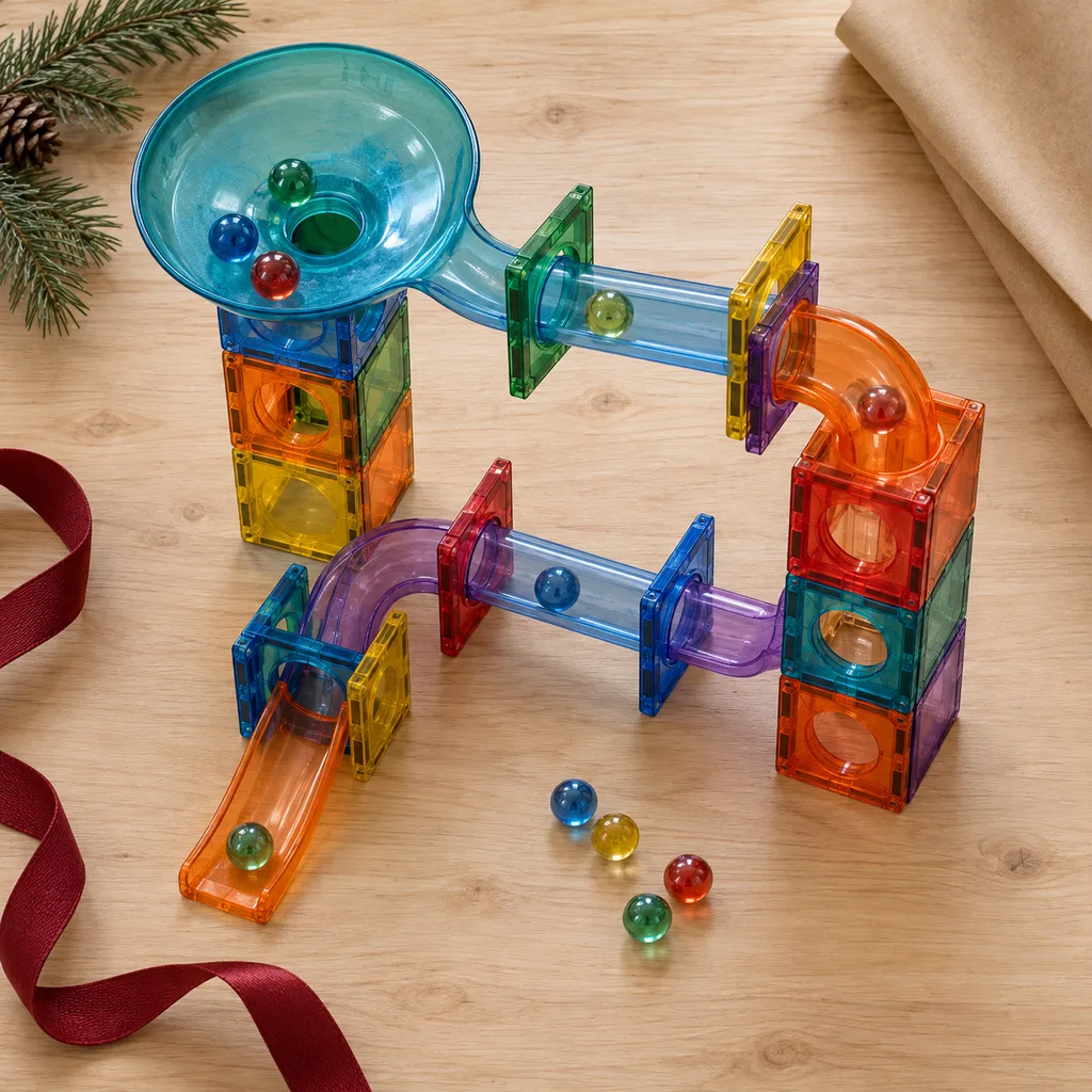 Representative photo-style image of magnetic tile marble run — generated, not a specific product