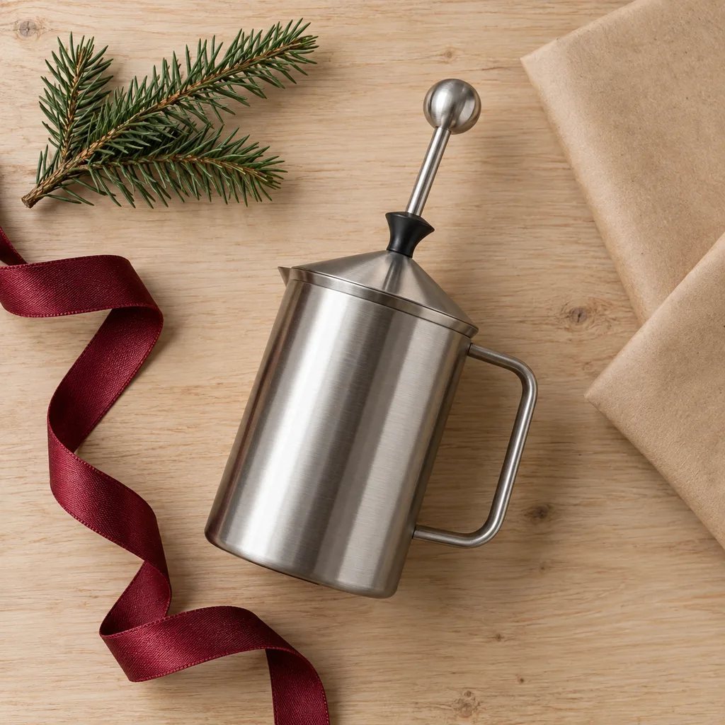 Representative photo-style image of manual pump milk frother — generated, not a specific product