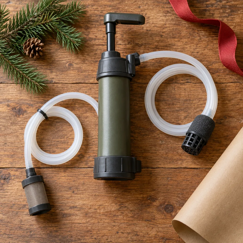 Representative photo-style image of manual pump water filter — generated, not a specific product