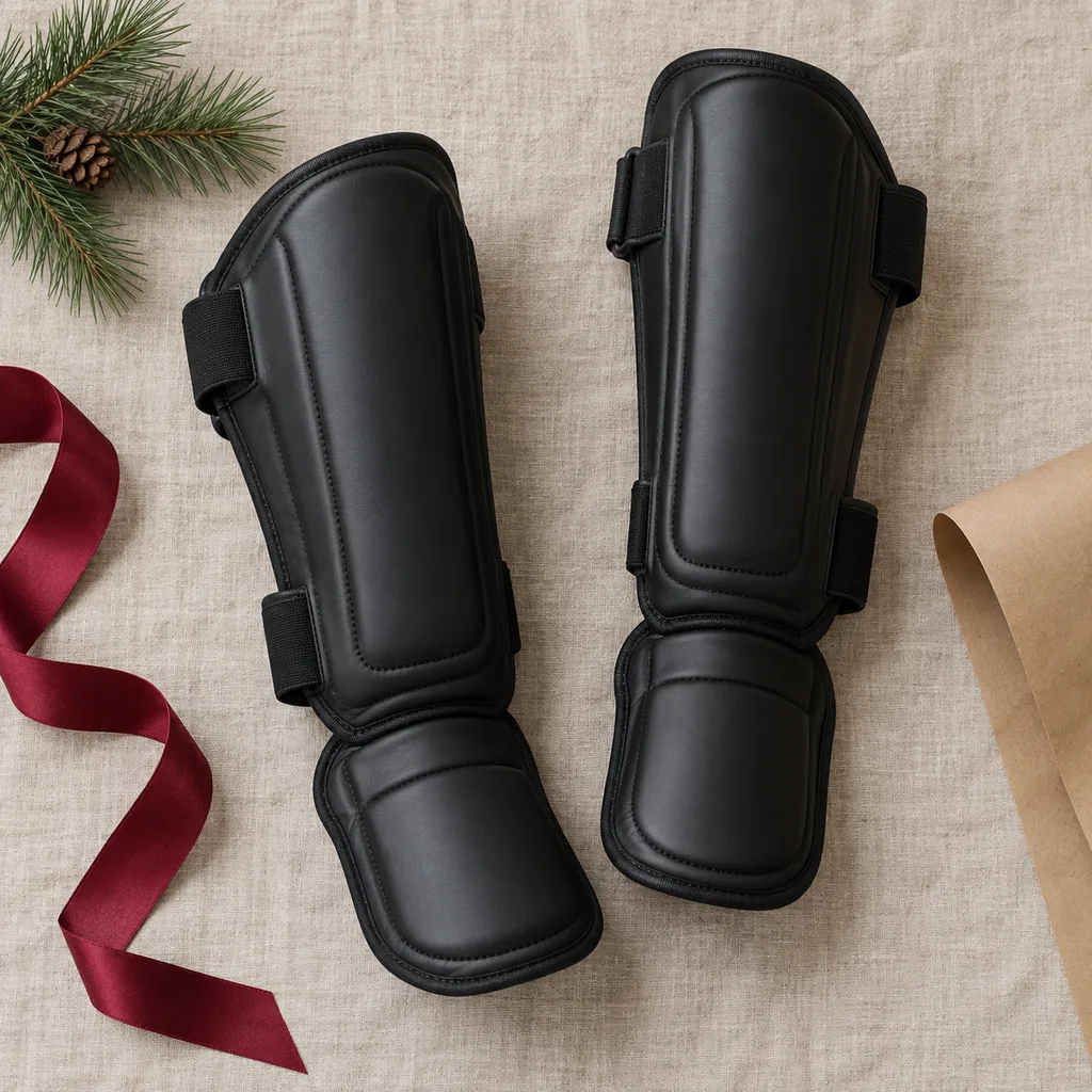 Representative photo-style image of martial arts shin guards — generated, not a specific product