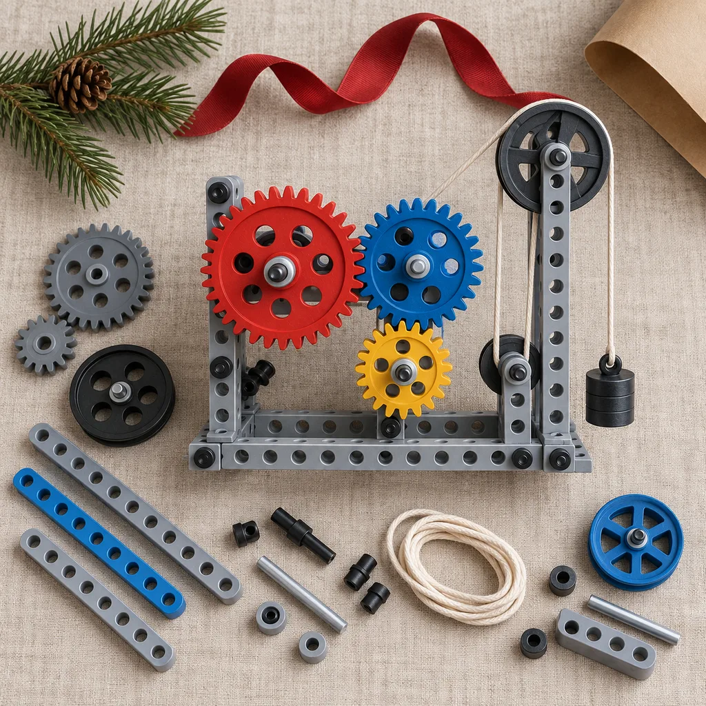 Representative photo-style image of mechanical gear and pulley system set — generated, not a specific product