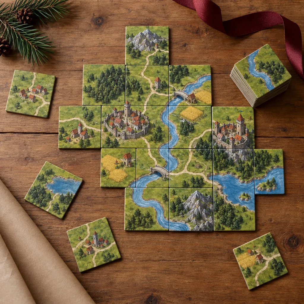 Representative photo-style image of medieval landscape creation tile game — generated, not a specific product