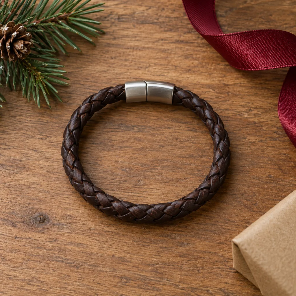 Representative photo-style image of men's braided leather bracelet — generated, not a specific product