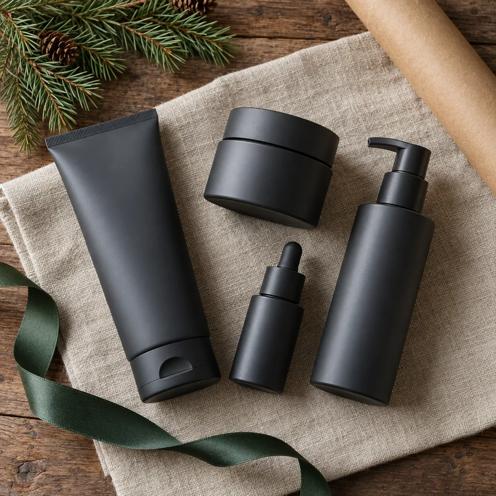 Representative photo-style image of men's daily grooming skincare kit — generated, not a specific product