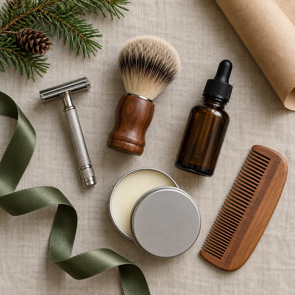 Representative photo-style image of men's grooming essentials kit — generated, not a specific product