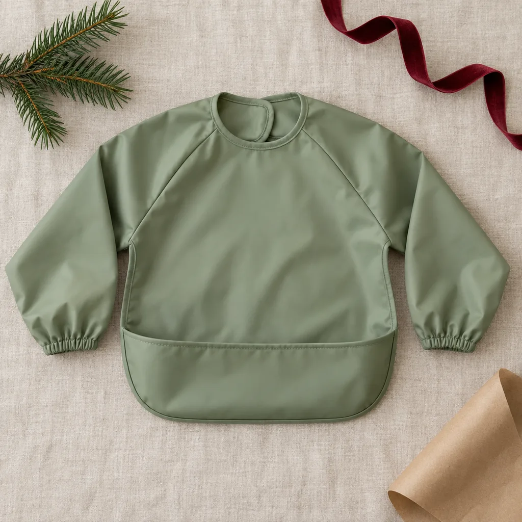 Representative photo-style image of mess-proof sleeved smock bib — generated, not a specific product