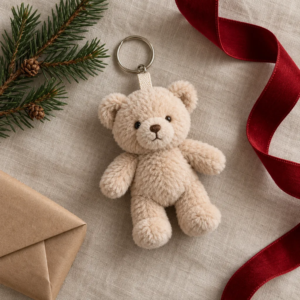 Representative photo-style image of mini plush keychain charm — generated, not a specific product
