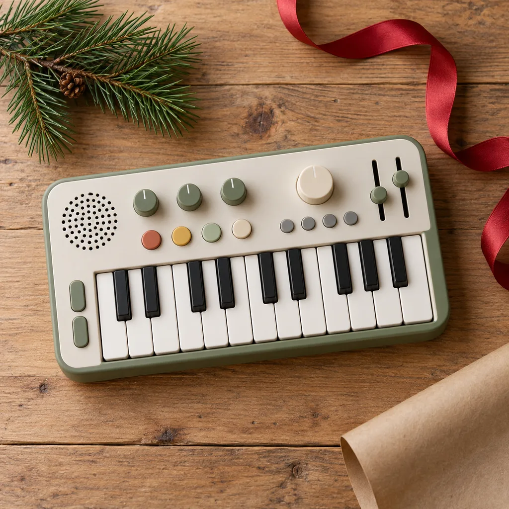 Representative photo-style image of mini synthesizer keyboard toy — generated, not a specific product
