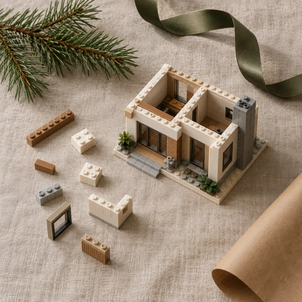 Representative photo-style image of miniature architectural building blocks — generated, not a specific product