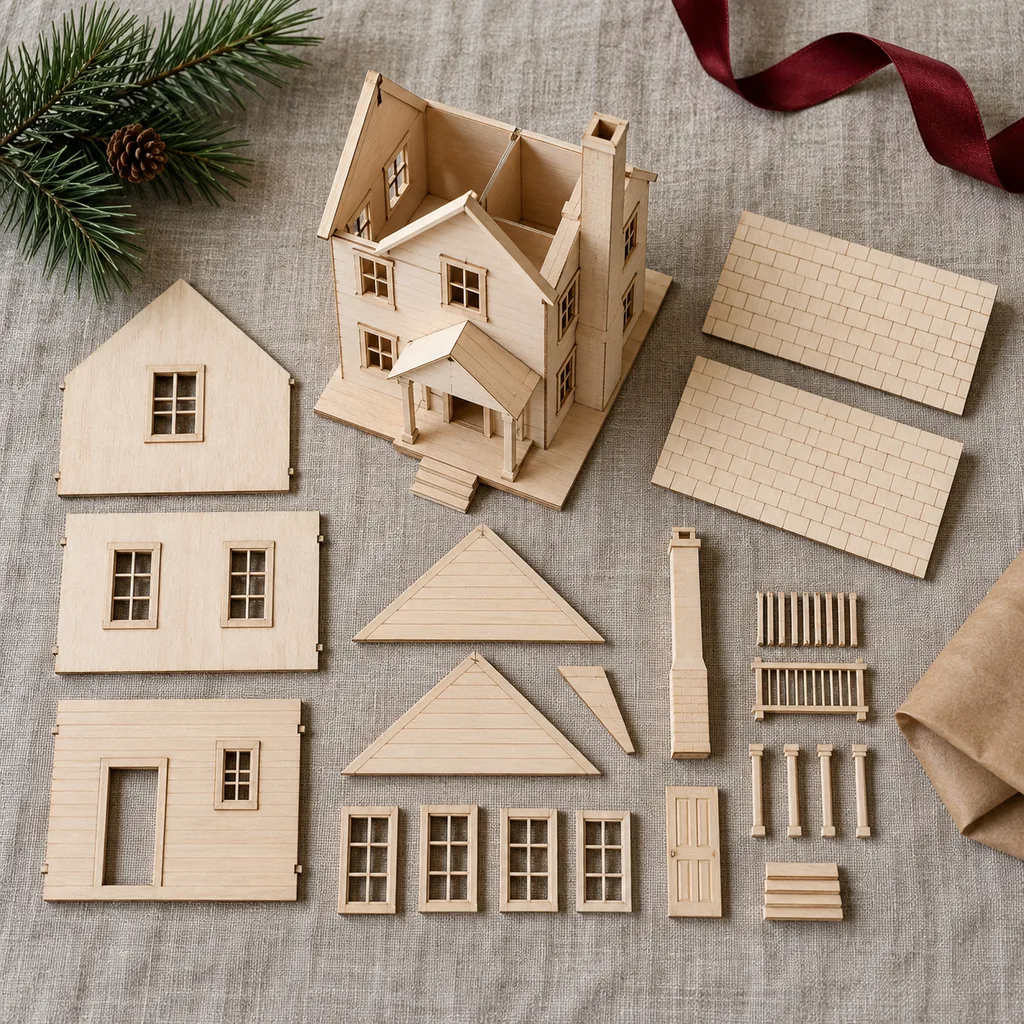 Representative photo-style image of miniature architectural building model kit — generated, not a specific product