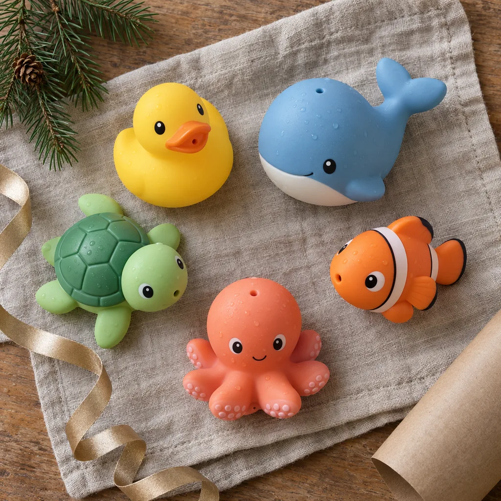 Representative photo-style image of miniature bath squirter assortment — generated, not a specific product