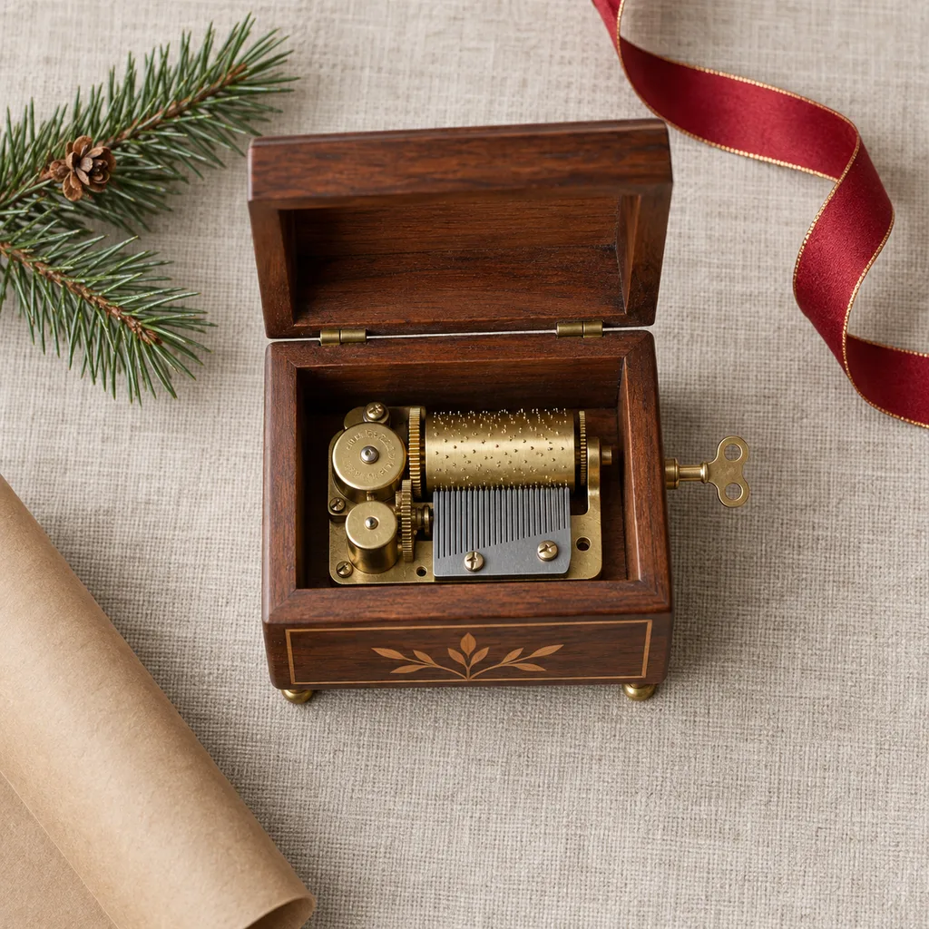 Representative photo-style image of miniature collectible music box — generated, not a specific product