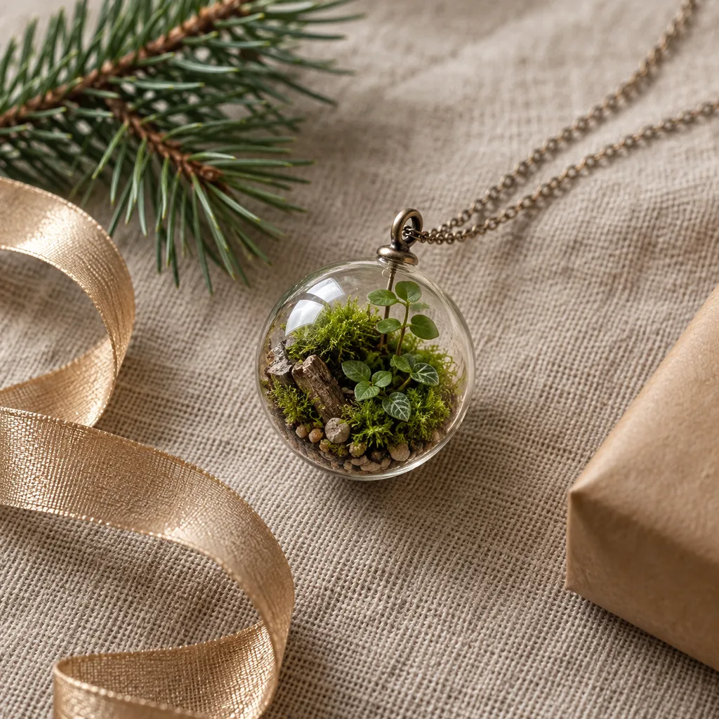 Representative photo-style image of miniature pendant living ecosphere — generated, not a specific product