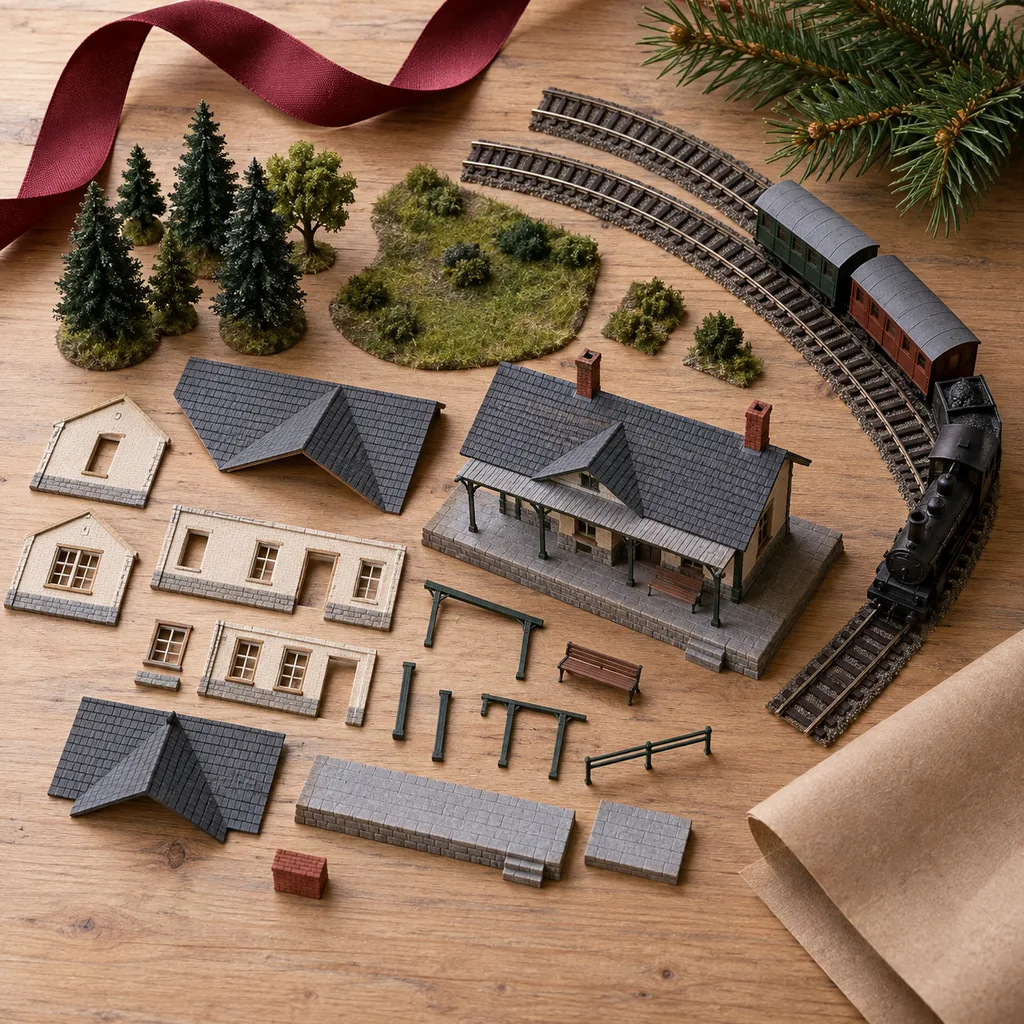 Representative photo-style image of miniature scenery building kit — generated, not a specific product