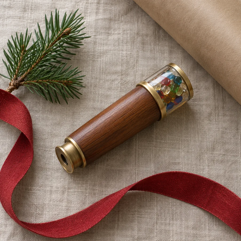 Representative photo-style image of miniature travel kaleidoscope — generated, not a specific product