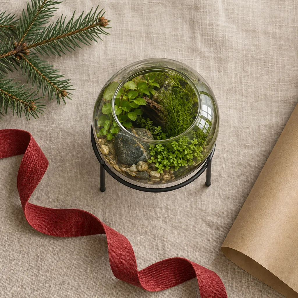Representative photo-style image of minimalist metal stand ecosphere — generated, not a specific product