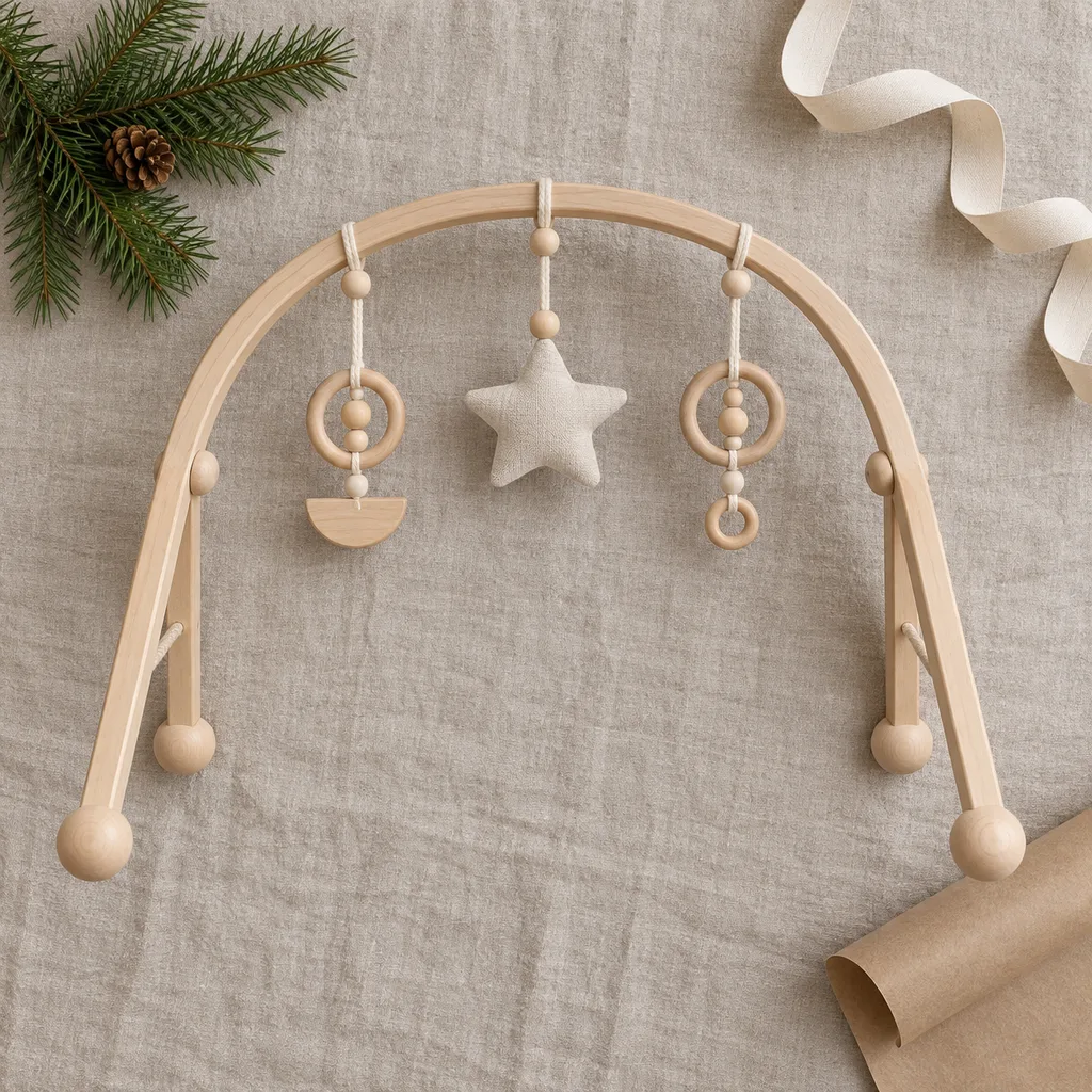 Representative photo-style image of minimalist wooden activity arch — generated, not a specific product