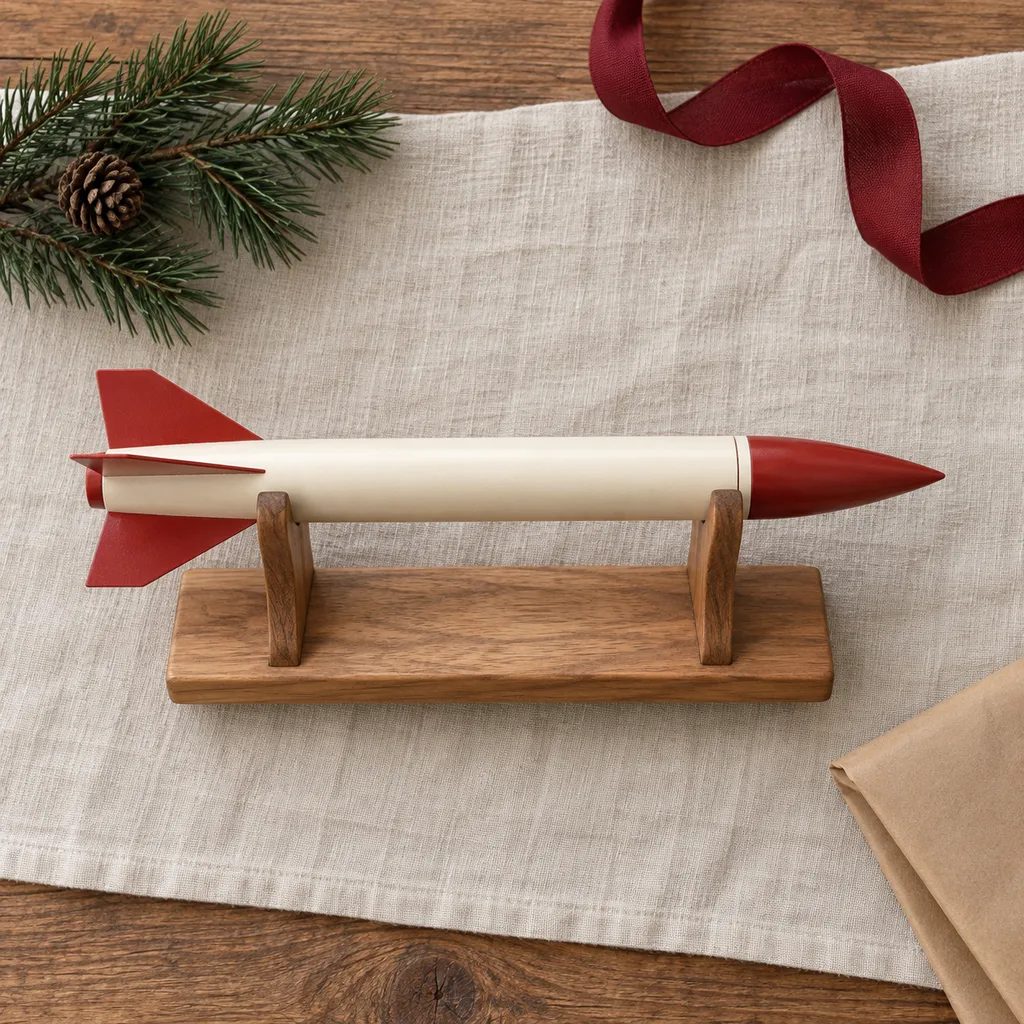 Representative photo-style image of model rocket display stand — generated, not a specific product