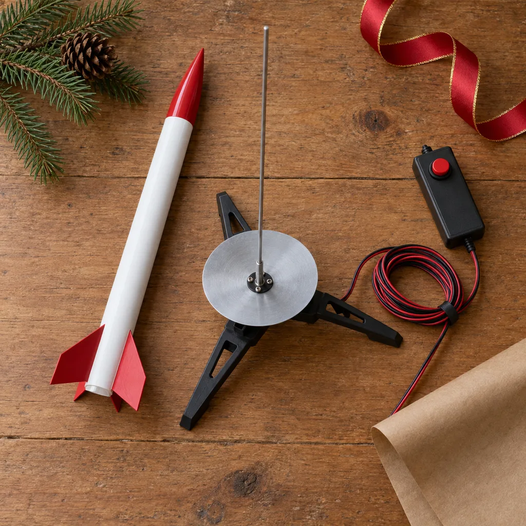 Representative photo-style image of model rocket launch system — generated, not a specific product