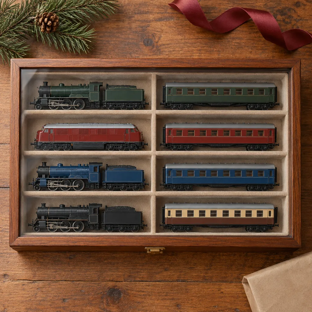 Representative photo-style image of model train storage display case — generated, not a specific product