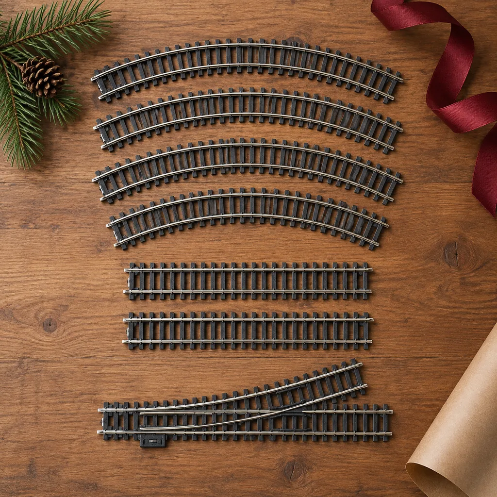 Representative photo-style image of model train track expansion set — generated, not a specific product