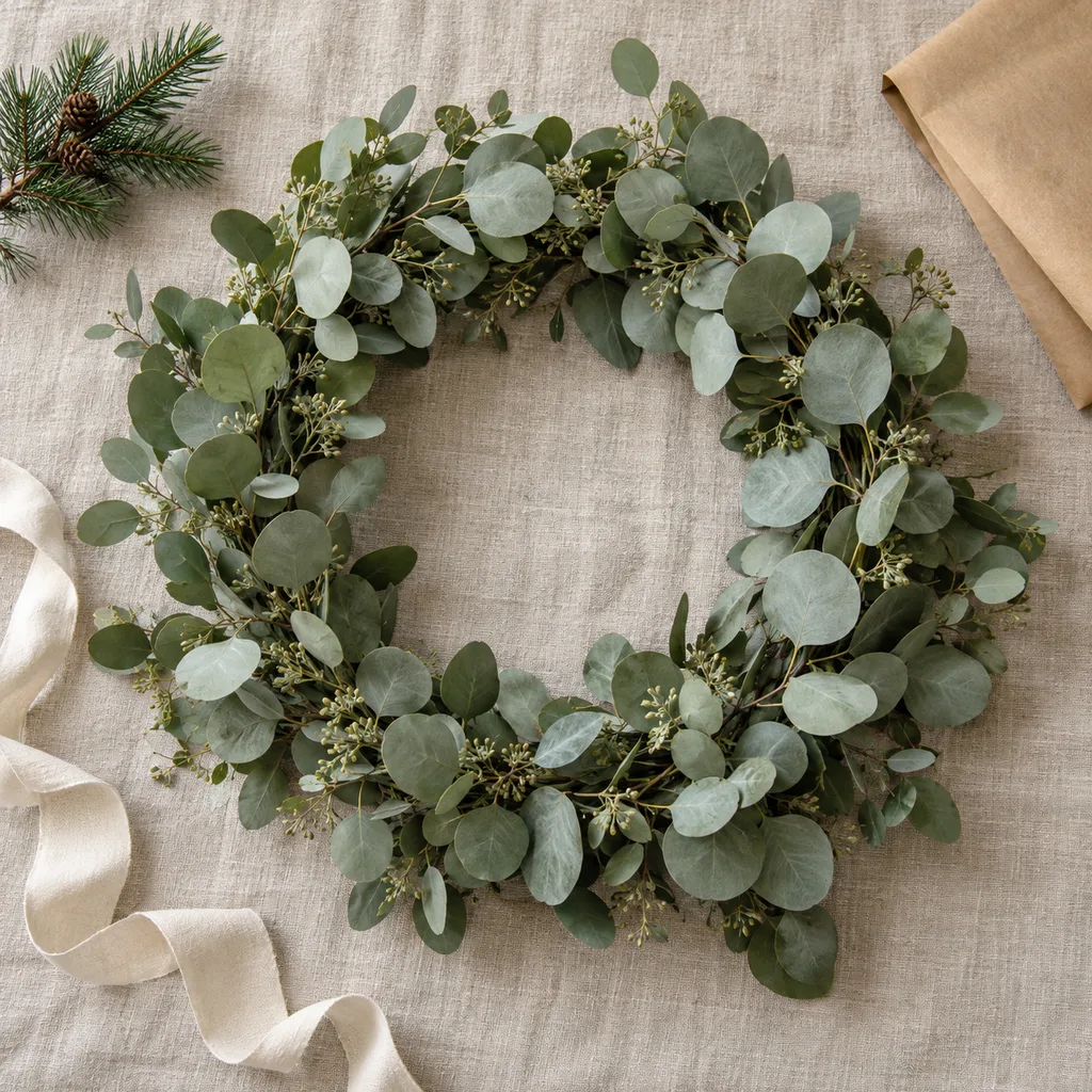 Representative photo-style image of modern eucalyptus leaf garland — generated, not a specific product