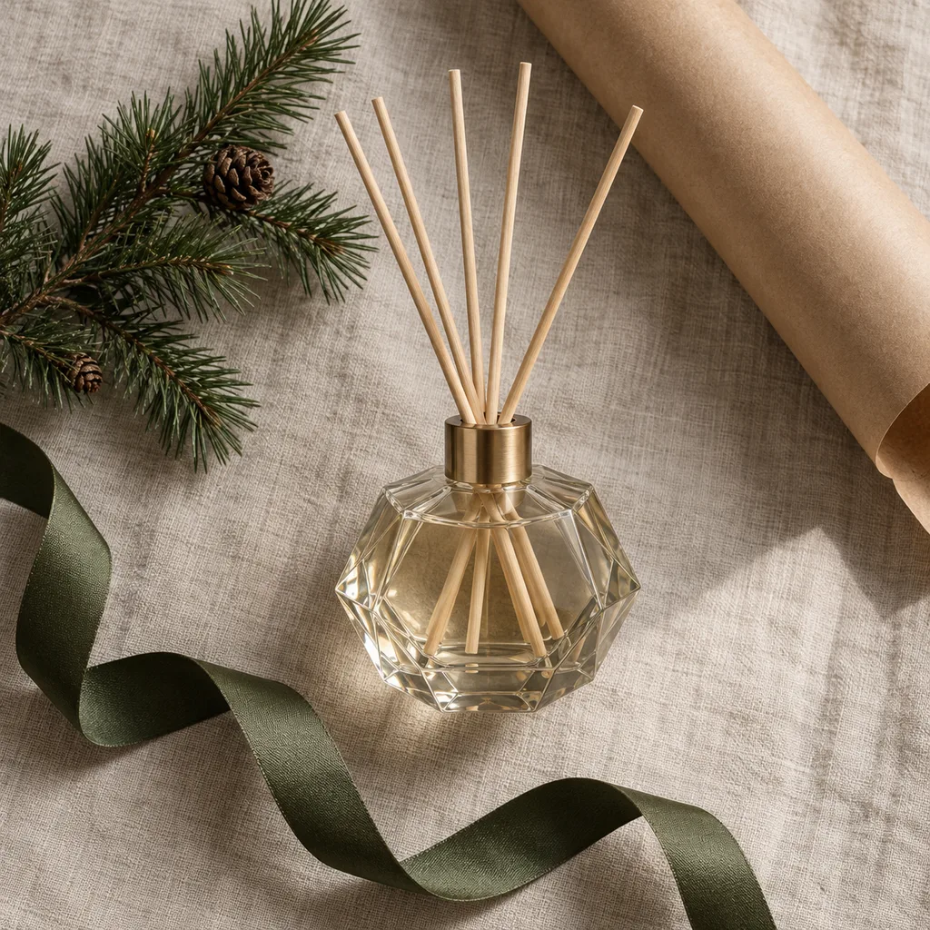 Representative photo-style image of modern geometric reed diffuser — generated, not a specific product