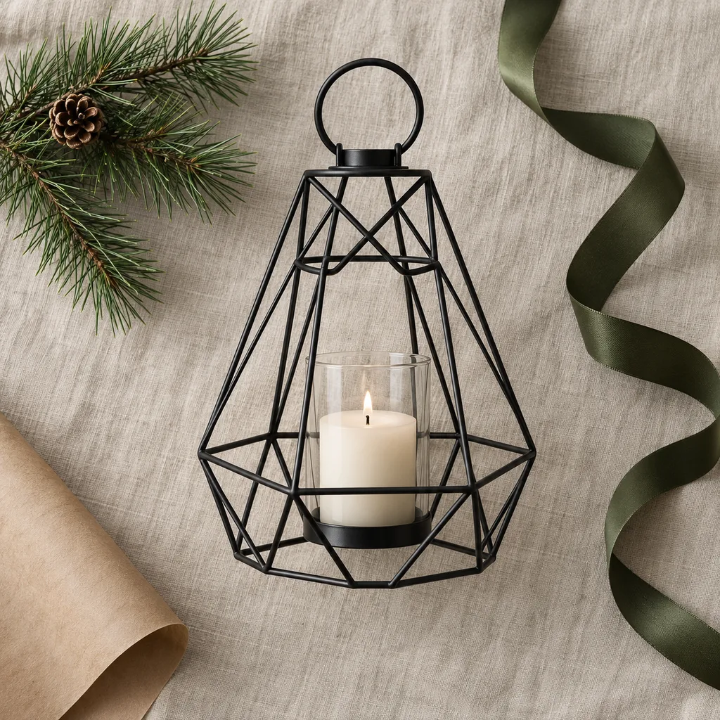 Representative photo-style image of modern geometric wire lantern — generated, not a specific product